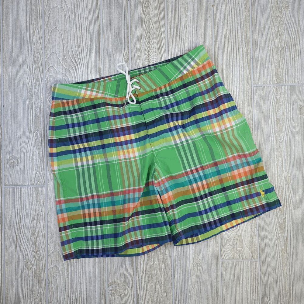 Vintage 90s Polo by Ralph Lauren Men's Size 36 Green Multi Swim Trunks Swimwear